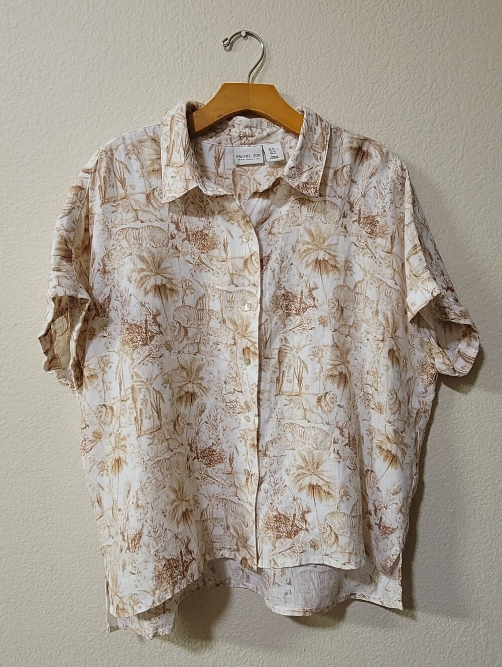 Rachel Zoe Crisp 100% Linen Boxy Short Sleeve Button Down Shirt XL Tigers Lions